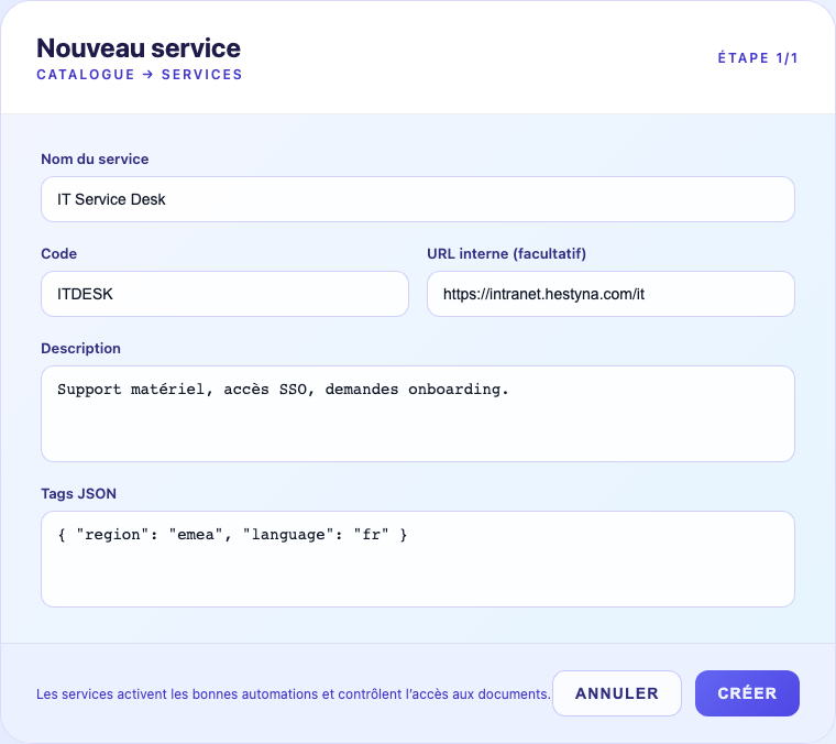 Modal de création de service